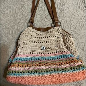 Crochet knit multi color purse with 12” handle and 3 sections with center zip